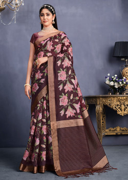 Maroon Tusser Silk  Embroidered Party Wear Sarees AF2304883