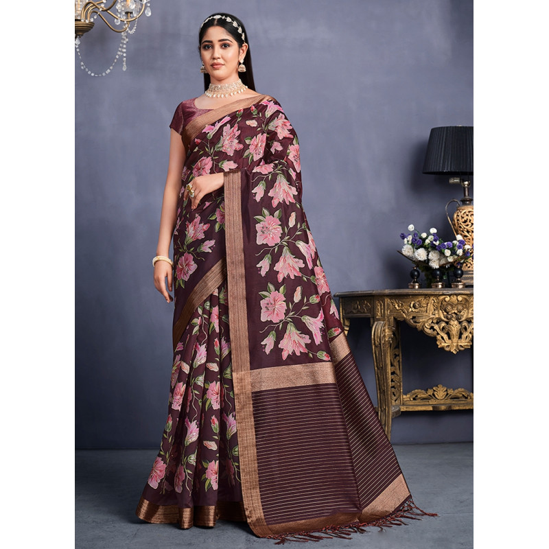 Maroon Tusser Silk  Embroidered Party Wear Sarees AF2304883