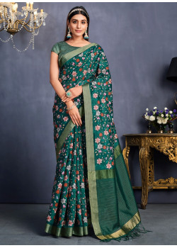 Green Tusser Silk  Embroidered Party Wear Sarees AF2304884