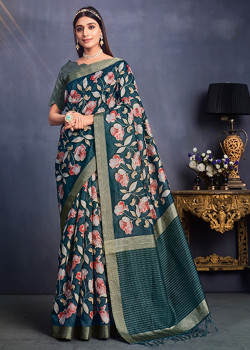 Teal Tusser Silk  Embroidered Party Wear Sarees AF2304886