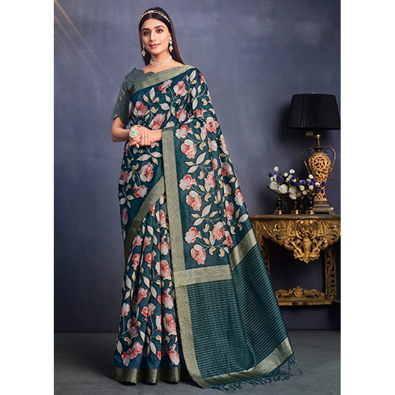 Teal Tusser Silk  Embroidered Party Wear Sarees AF2304886