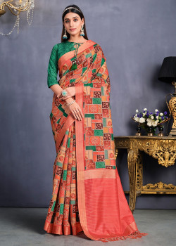 Orange Tusser Silk  Embroidered Party Wear Sarees AF2304887