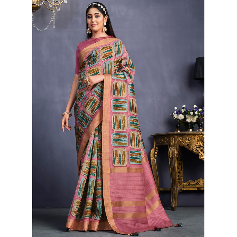 Pink Tusser Silk  Embroidered Party Wear Sarees AF2304889