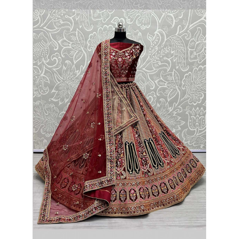 Maroon Velvet  Patch And Embroidered Bridal Lehenga AF2304794