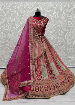 Pink Velvet  Patch And Embroidered Bridal Lehenga AF2304795