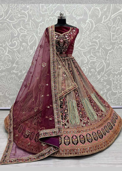 Purple Velvet  Patch And Embroidered Bridal Lehenga AF2304796