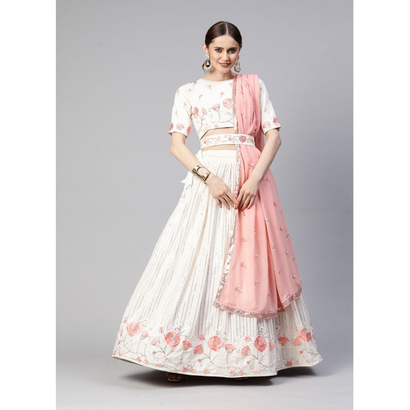 Pearl White Georgette Sequance Embroidered Party Wear Lehenga AF2304808
