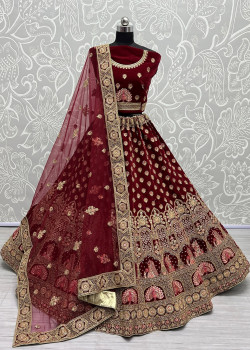 Maroon Velvet Embroidered Bridal Lehenga AF2304816