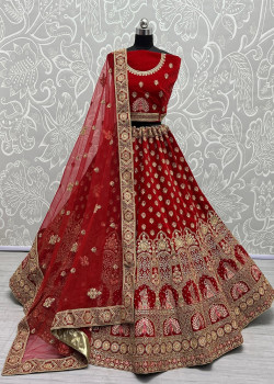 Red Velvet Embroidered Bridal Lehenga AF2304817