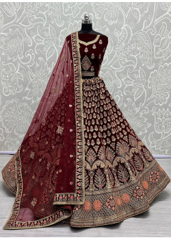 Maroon Velvet Embroidered Bridal Lehenga AF2304818