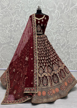 Maroon Velvet Embroidered Bridal Lehenga AF2304818
