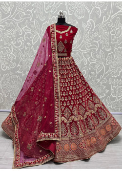 Pink Velvet Embroidered Bridal Lehenga AF2304819