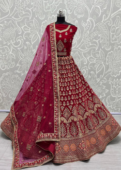 Pink Velvet Embroidered Bridal Lehenga AF2304819
