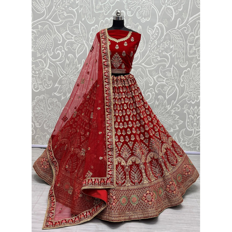 Red Velvet Embroidered Bridal Lehenga AF2304820