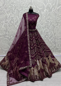 Purple Bridal Net Sequance Embroidered Wedding Lehenga AF2304822
