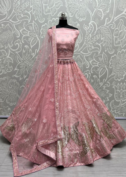 Pink Bridal Net Sequance Embroidered Wedding Lehenga AF2304825