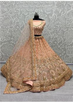 Peach Bridal Net Sequance Embroidered Thread Work Bridal Lehenga AF2304898