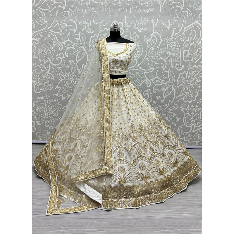 Off White Bridal Net Sequance Embroidered Thread Work Bridal Lehenga AF2304899