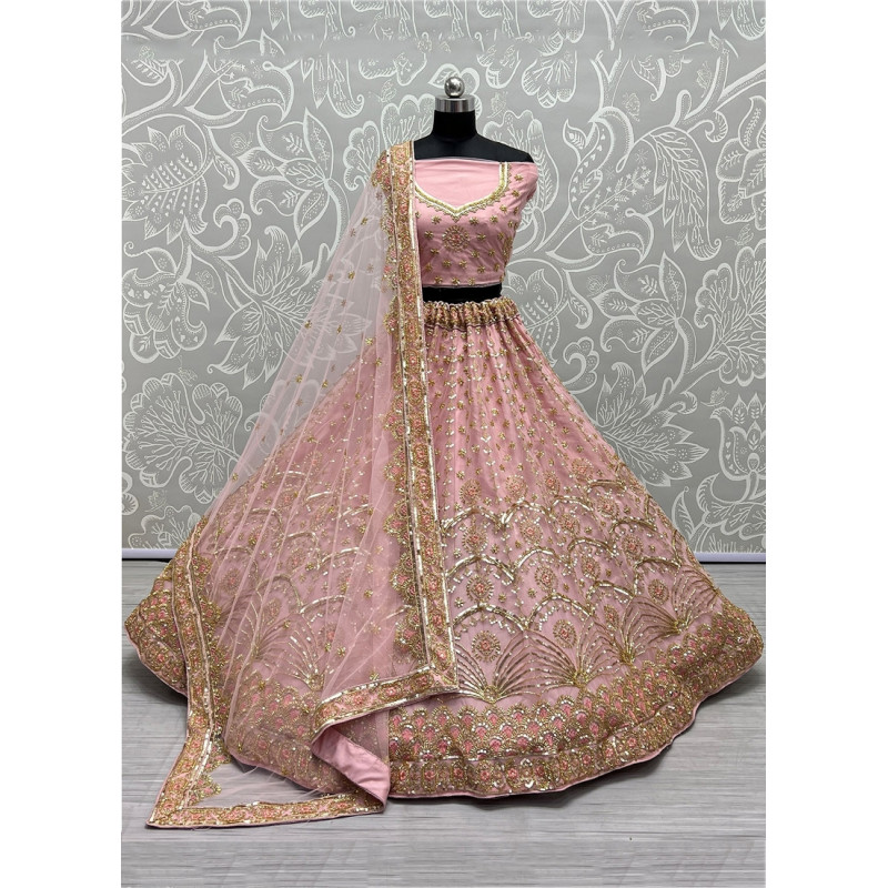 Pink Bridal Net Sequance Embroidered Thread Work Bridal Lehenga AF2304900