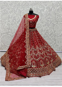 Red Bridal Net Sequance Embroidered Thread Work Bridal Lehenga AF2304901