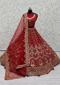 Red Bridal Net Sequance Embroidered Thread Work Bridal Lehenga AF2304901