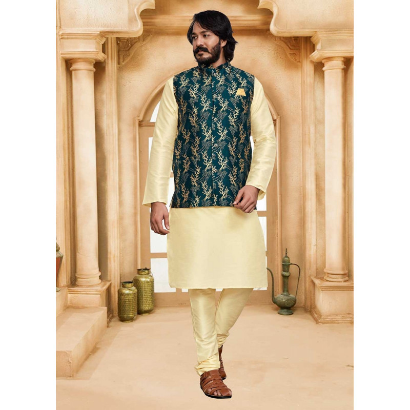 Cream Art Silk Gold Weaving Designer Kurta Pajama With Jacket AF2304992