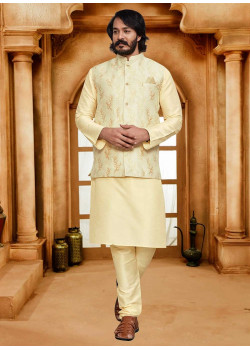 Cream Art Silk Gold Weaving Designer Kurta Pajama With Jacket AF2304993