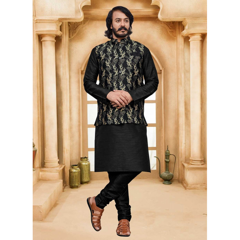 Black Art Silk Gold Weaving Designer Kurta Pajama With Jacket AF2304995