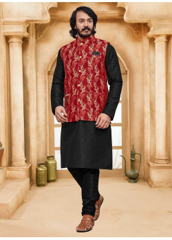 Black Art Silk Gold Weaving Designer Kurta Pajama With Jacket AF2304996