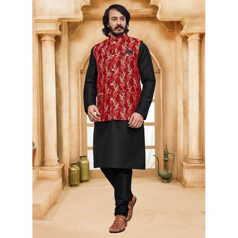 Black Art Silk Gold Weaving Designer Kurta Pajama With Jacket AF2304996