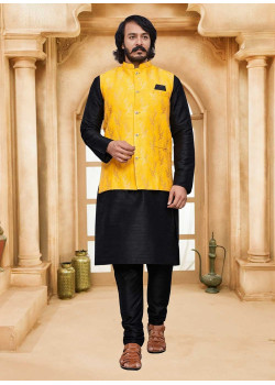 Black Art Silk Gold Weaving Designer Kurta Pajama With Jacket AF2304997