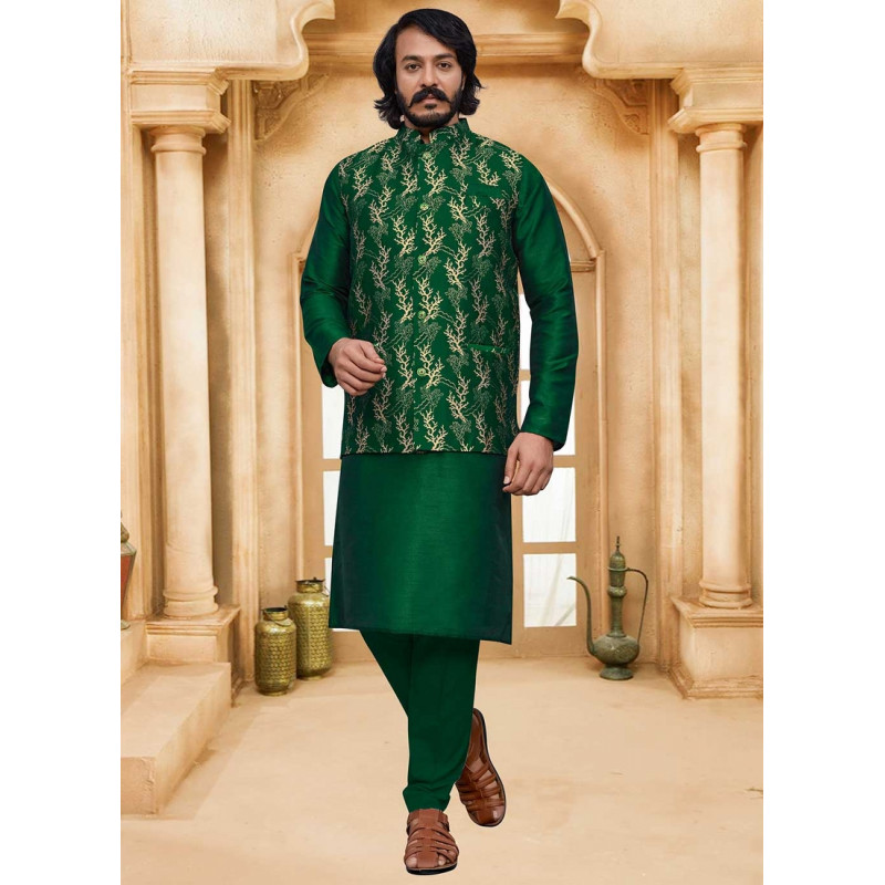Green Art Silk Gold Weaving Designer Kurta Pajama With Jacket AF2304998