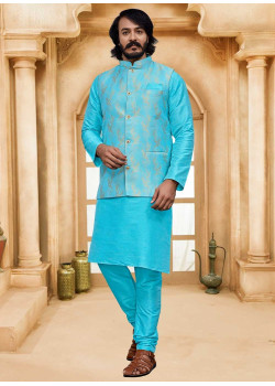 Sky Blue Art Silk Gold Weaving Designer Kurta Pajama With Jacket AF2304999