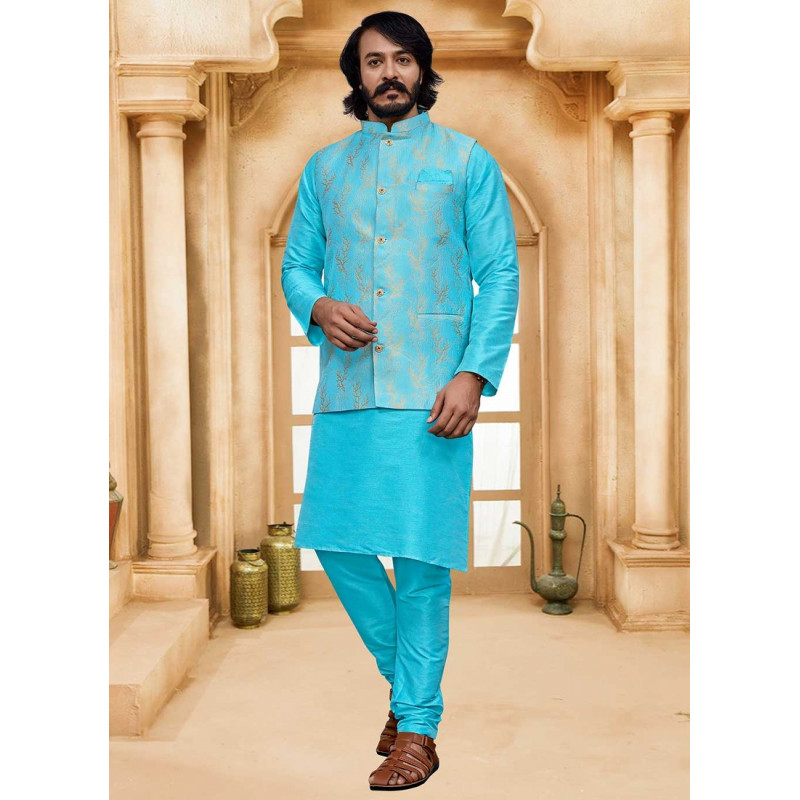 Sky Blue Art Silk Gold Weaving Designer Kurta Pajama With Jacket AF2304999