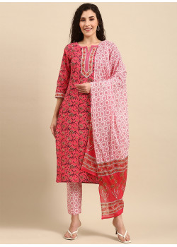 Pink Cotton Floral Printed Casual Suit AF2304756