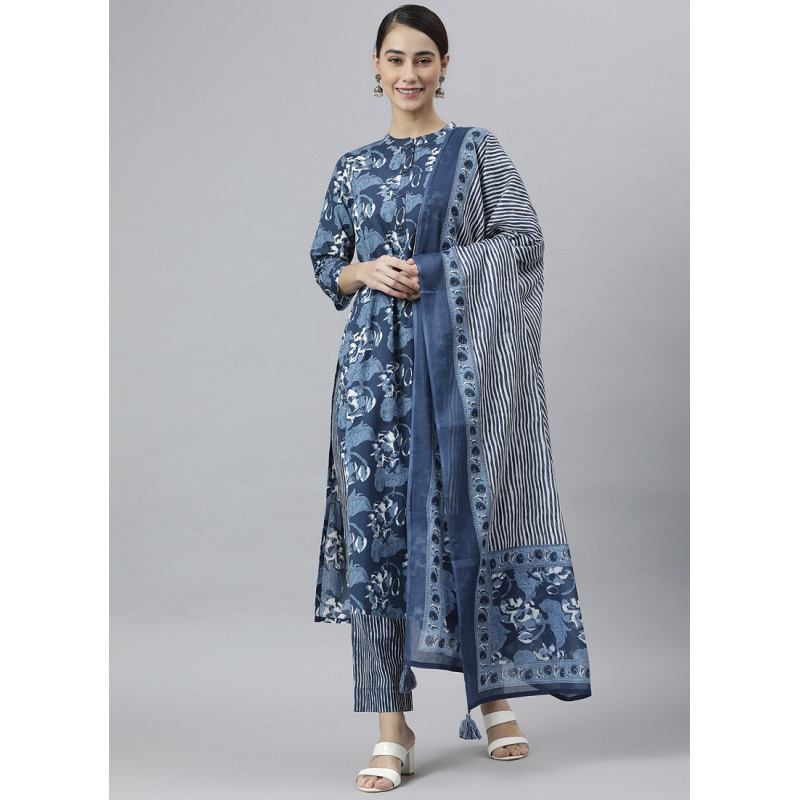 Blue Cotton Batik Printed Casual Suit AF2304759