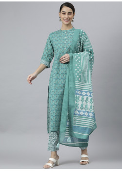 Sea Green Cotton Kalamkari Printed Casual Suit AF2304761