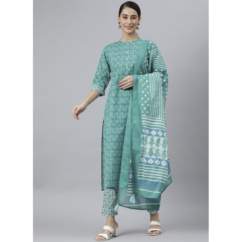 Sea Green Cotton Kalamkari Printed Casual Suit AF2304761