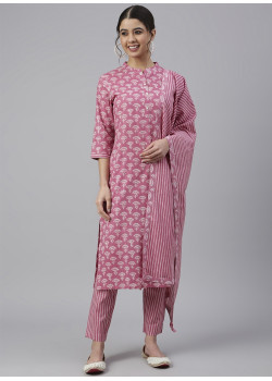 Pink Cotton Floral Printed Casual Suit AF2304765