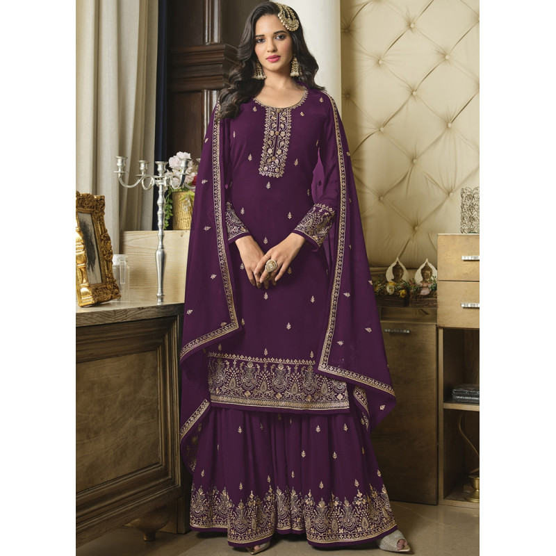 Purple Faux Georgette Embroidered Sharara Suit AF230747