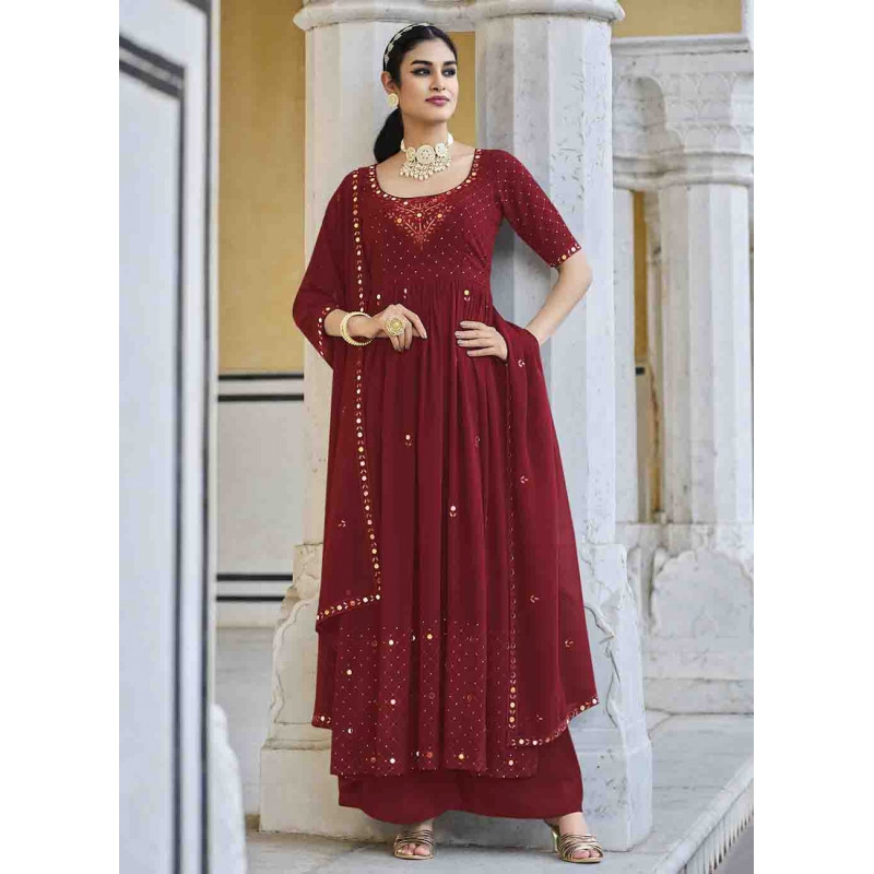 Red Georgette Mirror Embroidered Party Suit AF230743