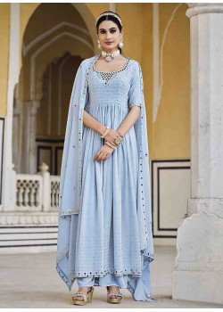Blue Georgette Mirror Embroidered Party Suit AF230744