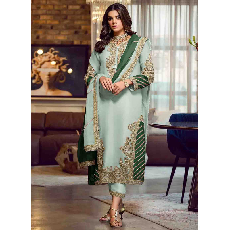 Green Faux Georgette Embroidered Wedding Suit AF230737
