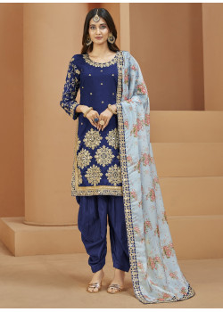 Blue Art Silk Mirror Embroidered Patiala Suit AF2304850