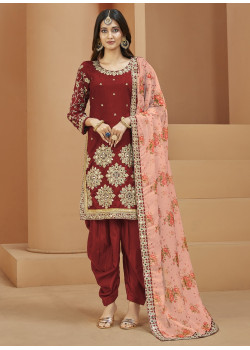 Brown Art Silk Mirror Embroidered Patiala Suit AF2304851
