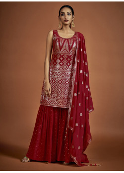 Red Georgette Sequance Embroidered Sharara Suit AF23041009
