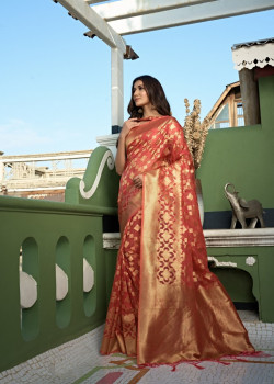 Peach Organza Zari Banarasi Sarees AF230582