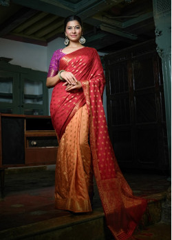 Red and Peach Art Silk Zari Banarasi Sarees AF230607