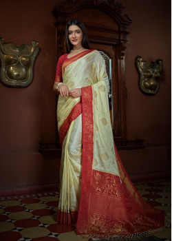 Off-White Satin Silk Zari Banarasi Sarees AF230616