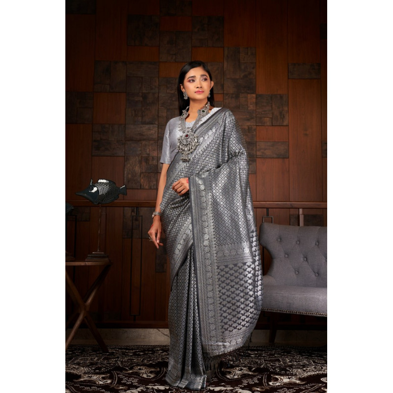 Black Raw Silk Woven Kanjivaram Sarees AF230500